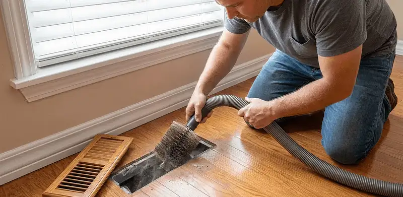 Air duct cleaning technician vacuuming a floor vent and duct opening in Salt Lake City, UT