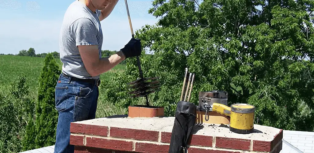 Chimney cleaning technician working on a rooftop chimney with professional tools in Salt Lake City, UT