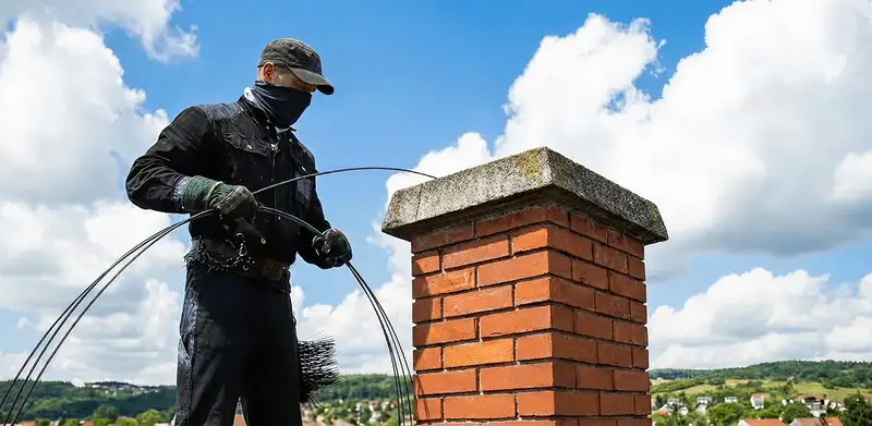 Chimney sweep cleaning a brick chimney with professional tools in Salt Lake City, UT