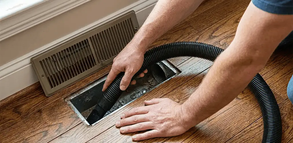 Air duct cleaning technician vacuuming a floor register and duct opening in Salt Lake City, UT