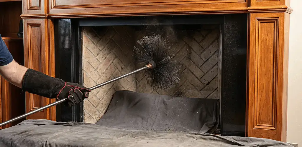 Chimney cleaning service brushing soot from a fireplace and flue in Salt Lake City, UT