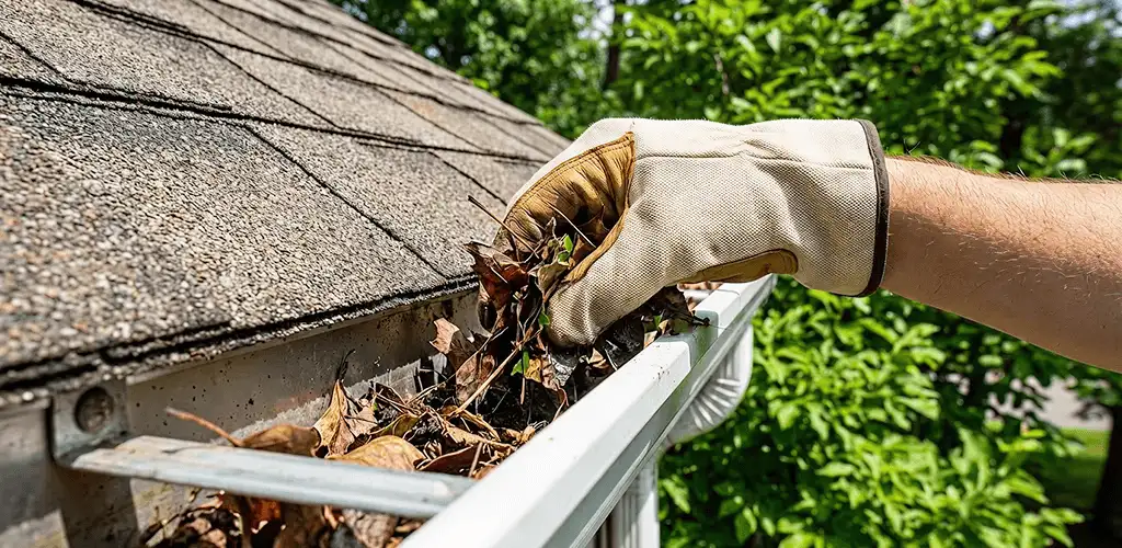 Gutter cleaning removing leaves and debris from roof gutters in Salt Lake City, UT