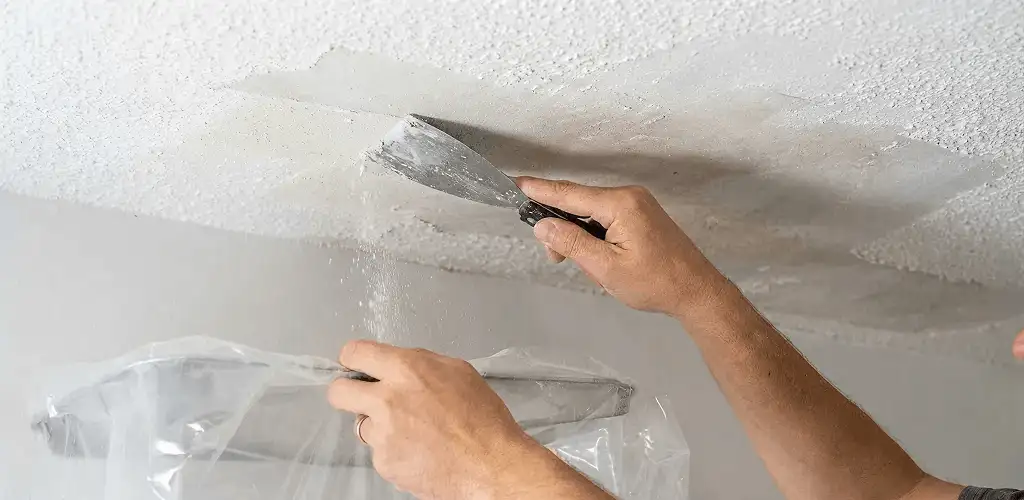 Popcorn ceiling removal technician scraping texture from a ceiling in Salt Lake City, UT