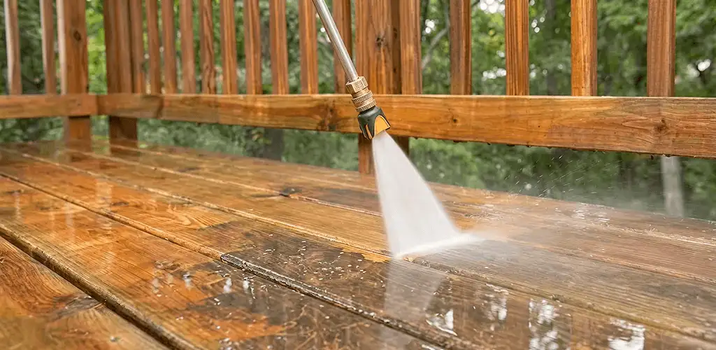 Pressure washing a wood deck to remove dirt and buildup in Salt Lake City, UT