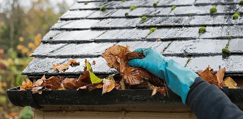 Gutter cleaning technician clearing wet leaves from roof gutters in Salt Lake City, UT