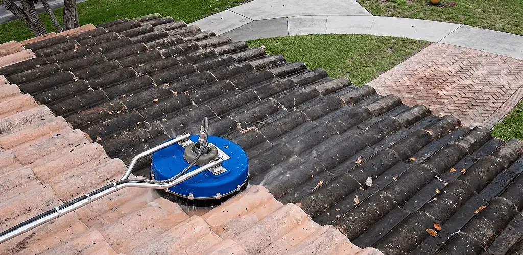 Roof pressure cleaning removing debris and buildup from roof tiles in Salt Lake City, UT