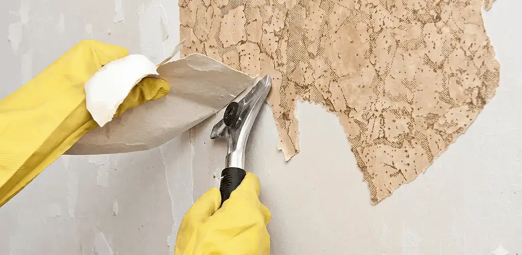 Wallpaper removal service stripping old wallpaper from a wall in Salt Lake City, UT